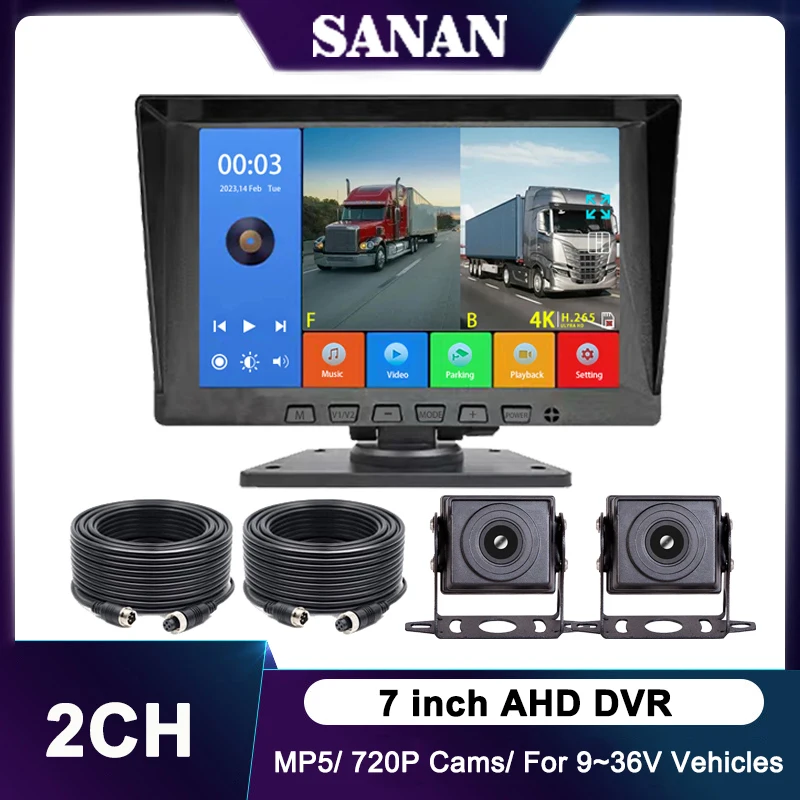 7 Inch 2 Channel Vehicle Driving Parking Recorder System HD Night Vision Front Rear View AHD Camera Monitor Set MP5 Player DVR