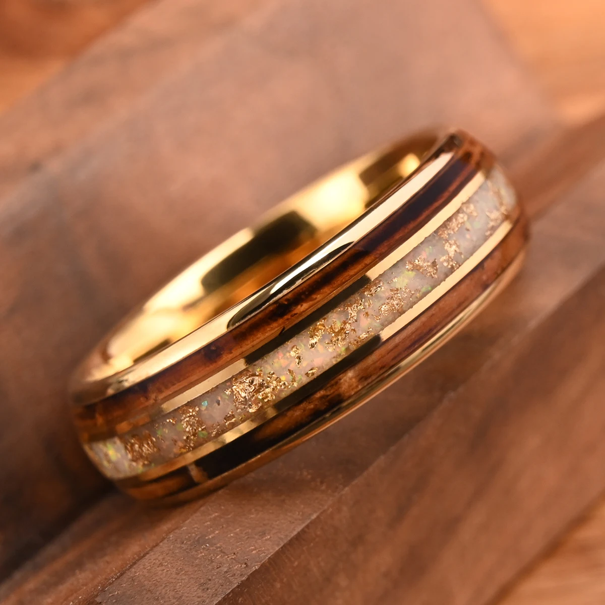 8mm Men's Tungsten Wedding Ring Charred Whiskey Barrel Wood White Opal Golden Bands Elegant Comfortable Jewelry Gifts