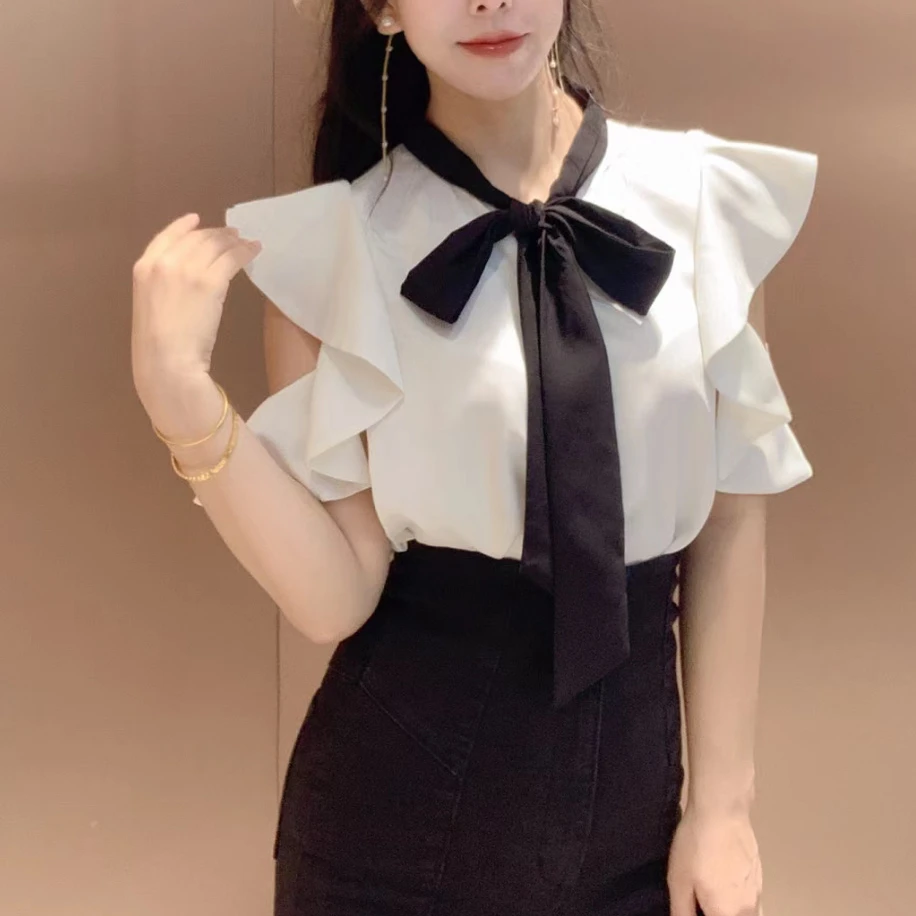 Elegant Temperament Ruffles Deisgn Blouse 2024 Autumn Japan Style Sleeve Tops Femme Jacquard Bow Tie Chiffon Shirt Women