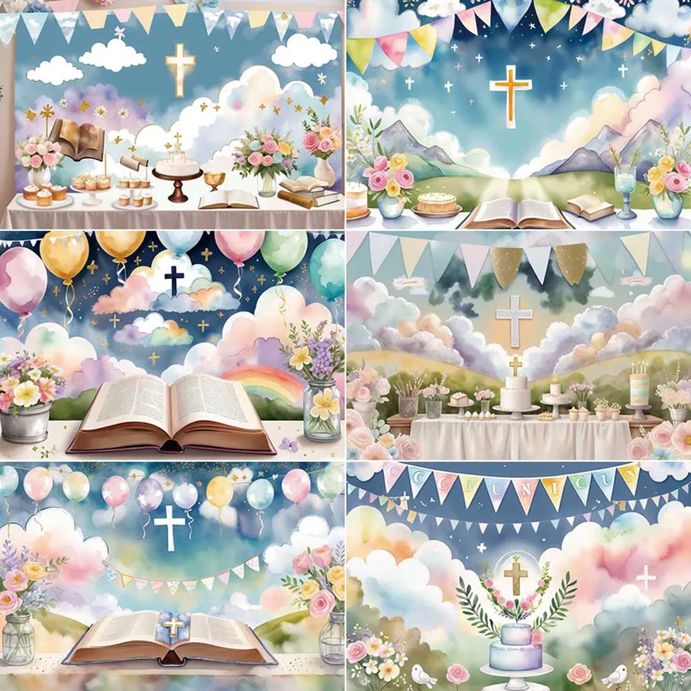 

MOON.QG My Christening Photography Backdrop Dessert Cross Angel Photozone Background Children Photo Studio Photozone Accessories