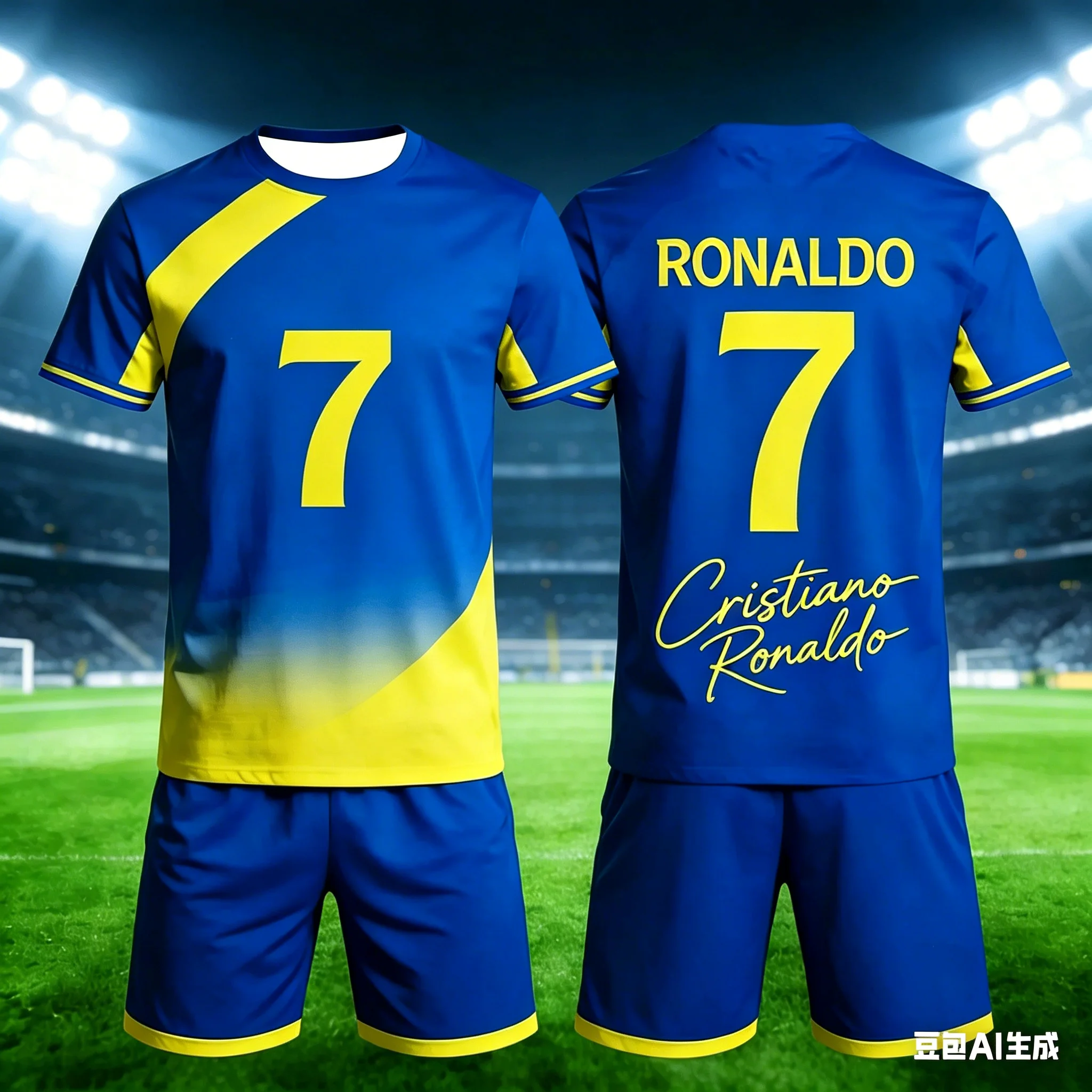 Summer Blue and White Bar #Ronaldo No.7# 3D Men's and Women's Training Sports Short Sleeved Shorts Jersey Set Birthday Gift Kids