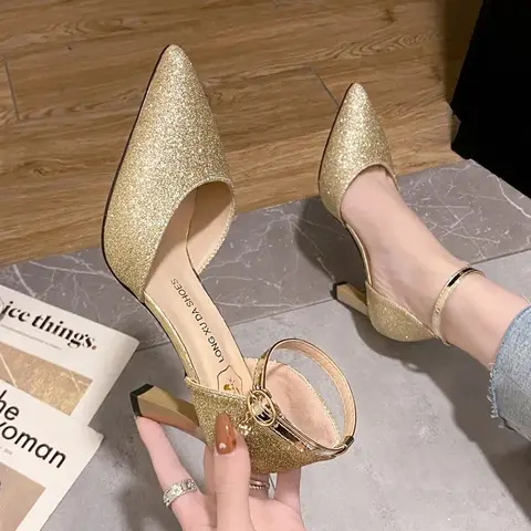 Bling Gold Silver Women's Pumps 2024 Sexy Point Toe Thin Heel Party Wedding Shoes Woman Summer Ankle Strap High Heels Shoes