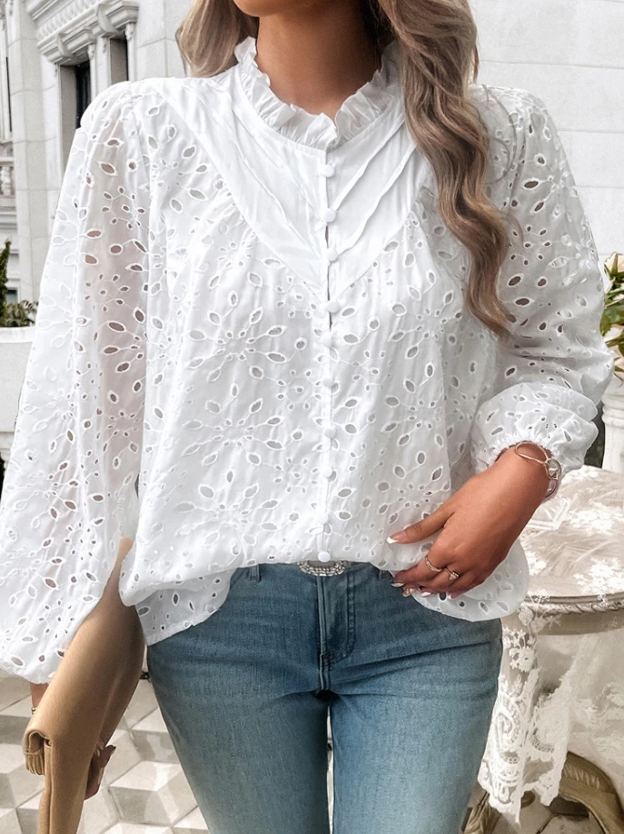 Women's Blouse Fashion Casual Pullover Solid Color Ruffles Neck Button Hollowed Eyelet Embroidery Puff Long Sleeve Loose Top