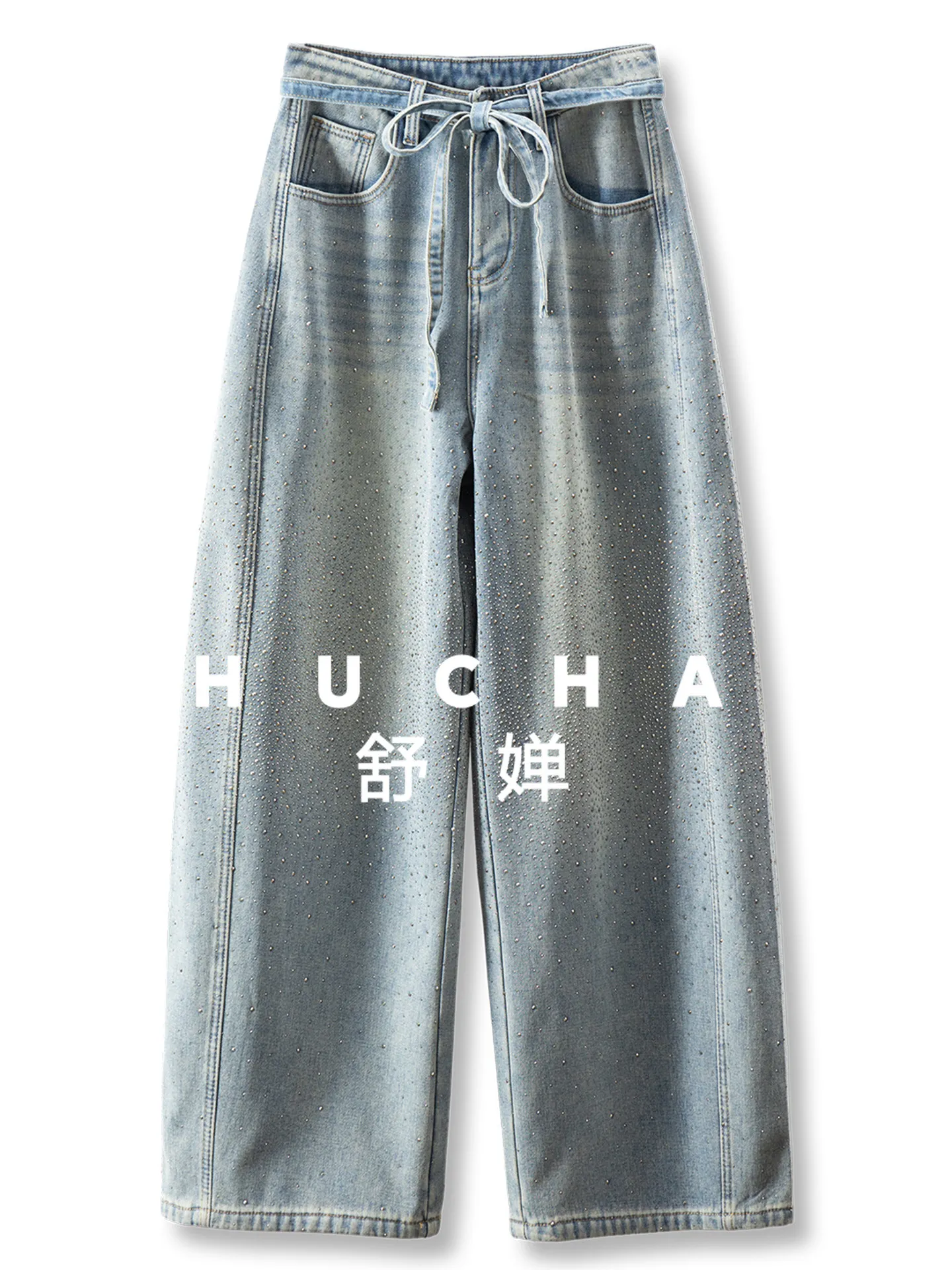 

Big Long Legs Design Lace-up High-waisted Polished Velvet Wide-leg Jeans Women 82F0 Streetwear High Waisted Jeans