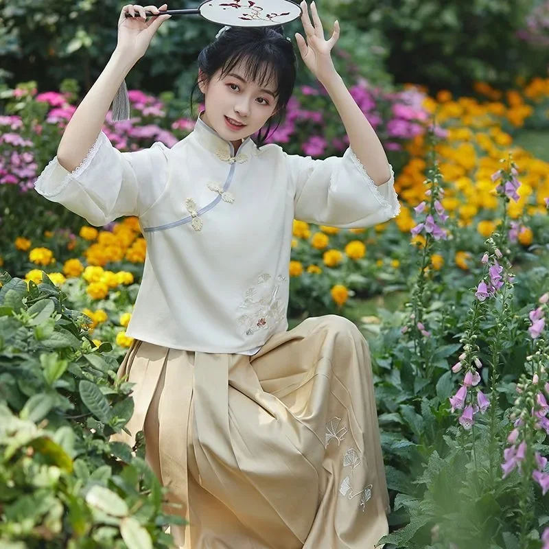 Chinese Traditional Women Cloth Beige Stand Up Collar Mid Sleeve Top Khaki Skirt Modern Tang Suit Hanfu New Year Girl Clothes