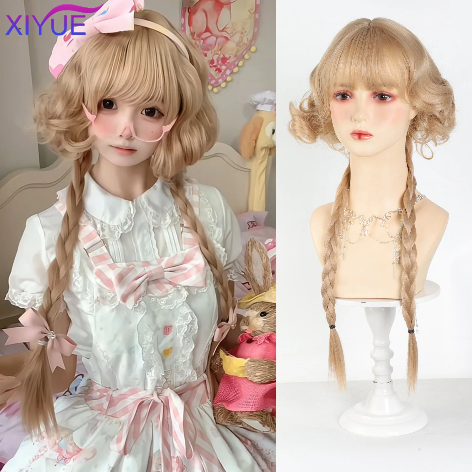 Synthetic Lolita Curly Hair With Bangs Golden Anime Wig Oberl Woman Party Cosplay Wig Golden Curly Jellyfish Double Ponytail Wig