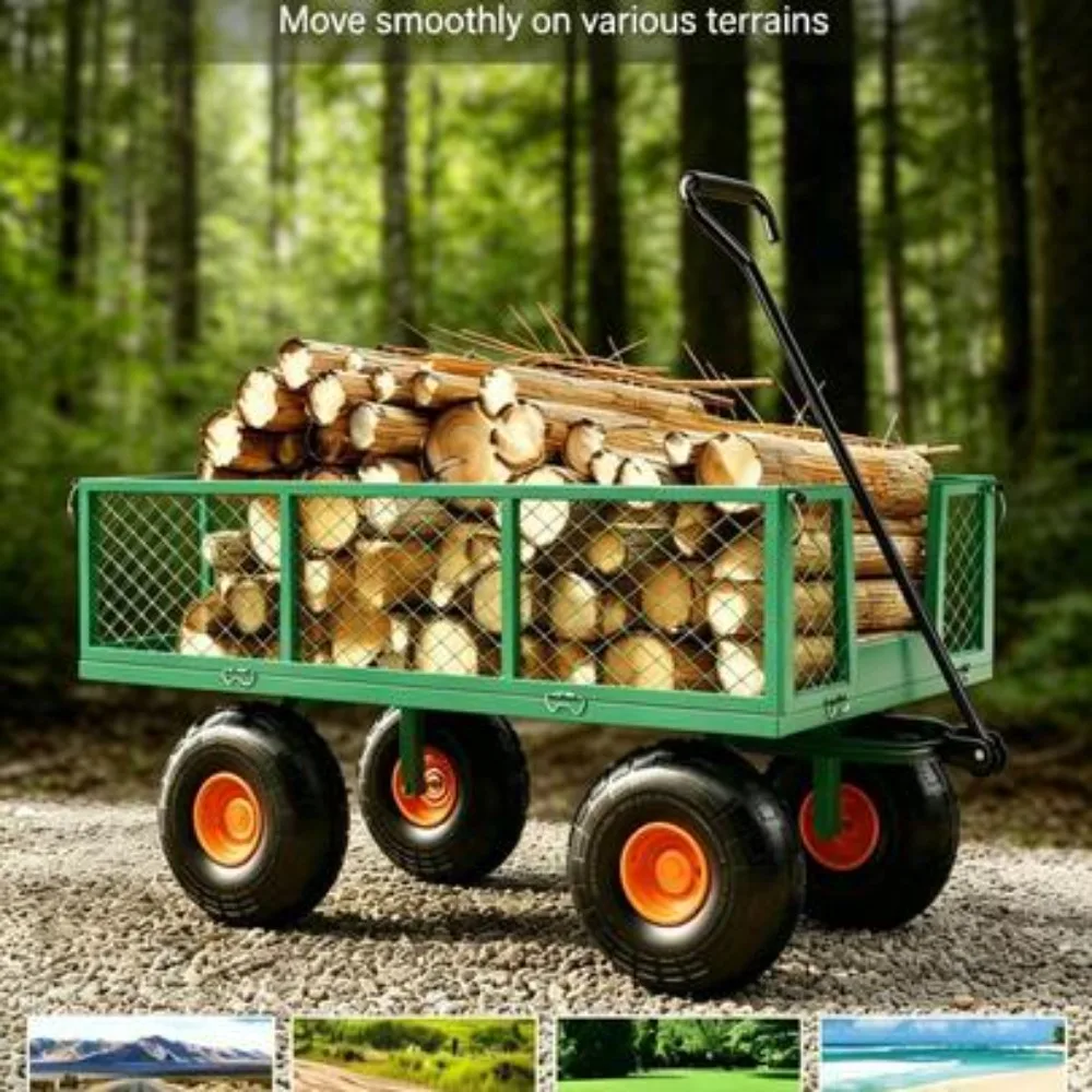 Heavy Duty Steel Garden Cart 3 in 1 Utility Wagon with Removable Mesh Sides for Mulch Soil Tools Lawn Yard Projects, Folding Dump Cart, Large Capacity Outdoor Wheelbarrow Trolley for Gardening Construction