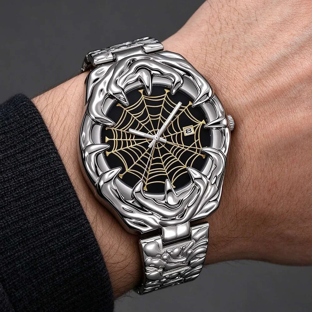 Millennium claw quartz watch wormhole concept spider web dial irregular case calendar steel strap retro Gothic men's watch