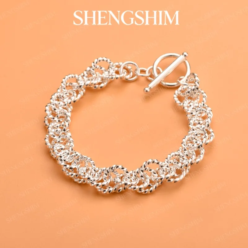 SHENGSHIM 925 Sterling Silver Lace Woven Twisted Chain OT Clasp Bangle Bracelet For Men Women Fashion Jewelry Weddings Party