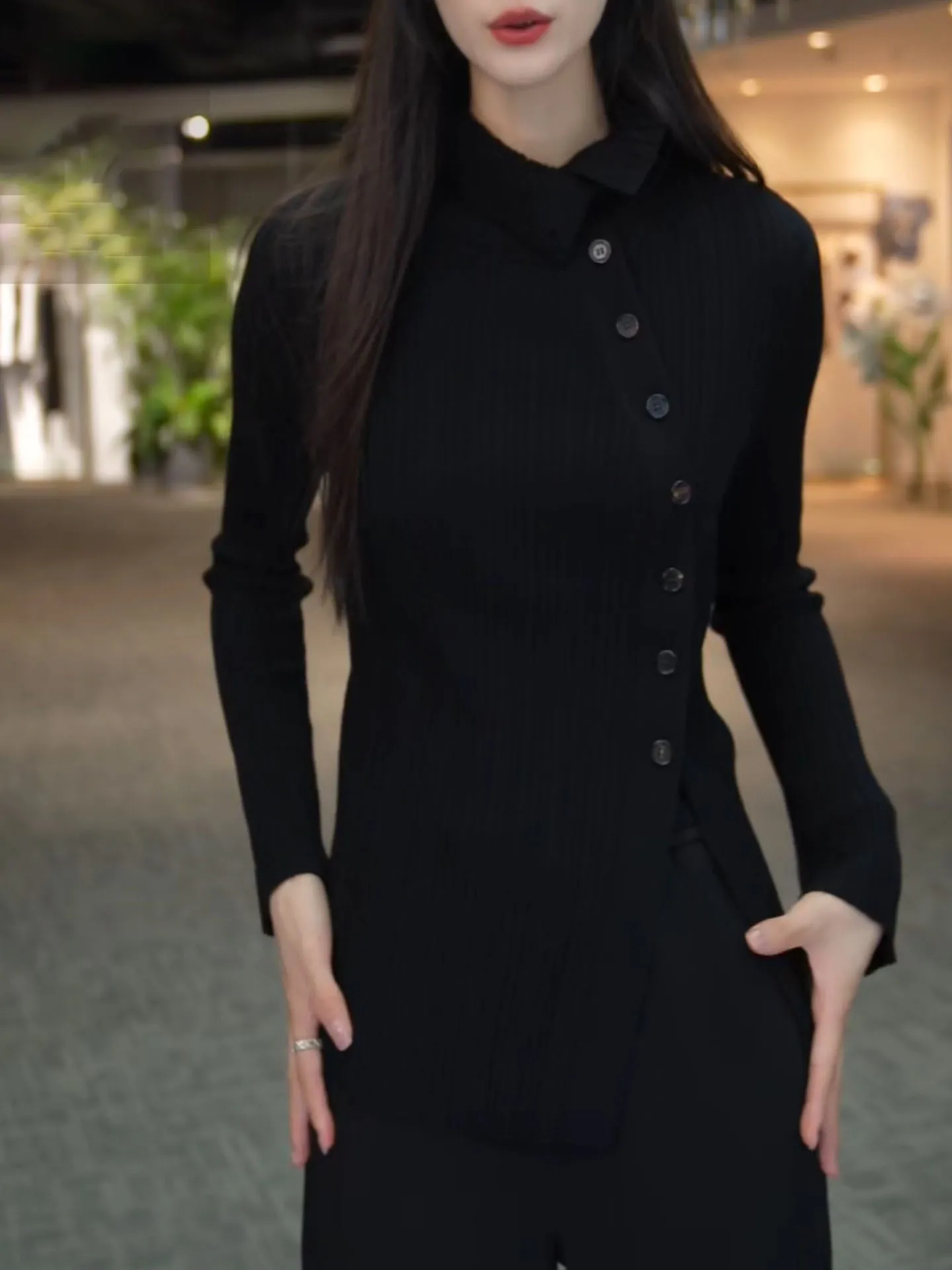 

Autumn Winter plus Size Bla Asymmetrical Knitwear Long Sve Women's Slimming Base Layer Top High-End Feel Inner Wear irt