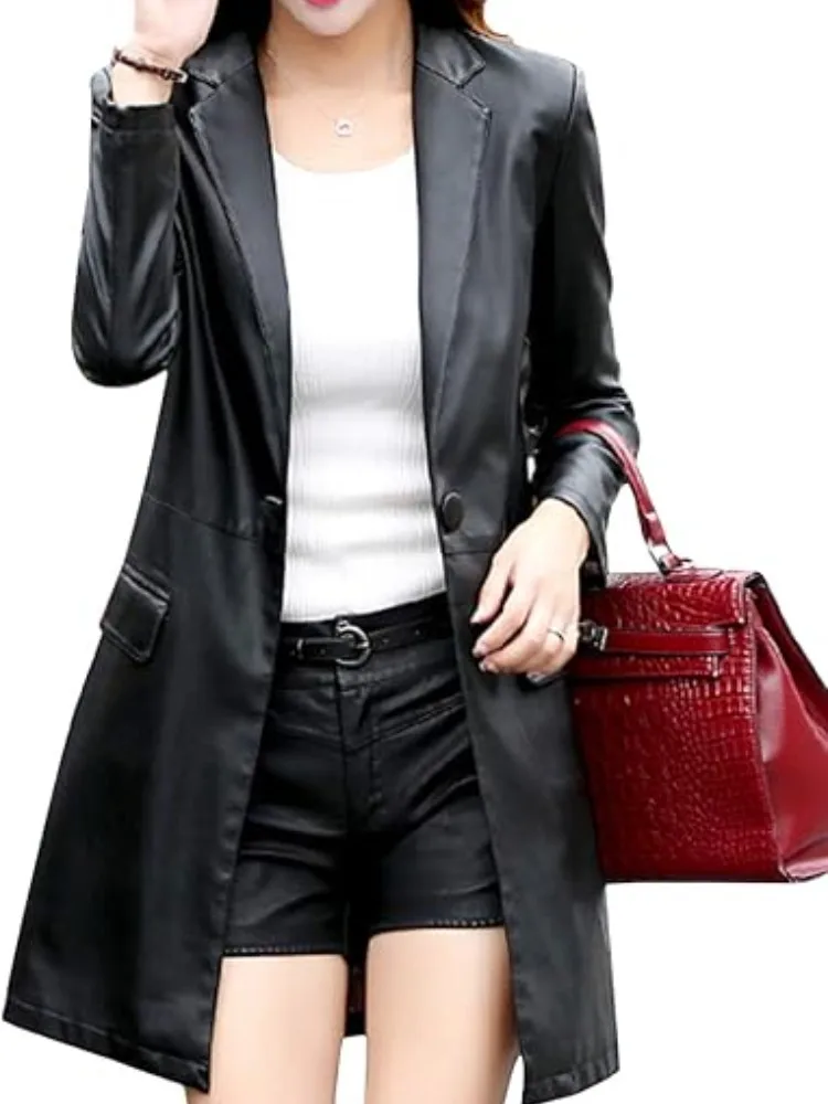 الربيع والخريف المرأة الجديدة البدلة الجلدية طوق معطف سترة بو منتصف طول سترة واقية من الجلد سليم عادية