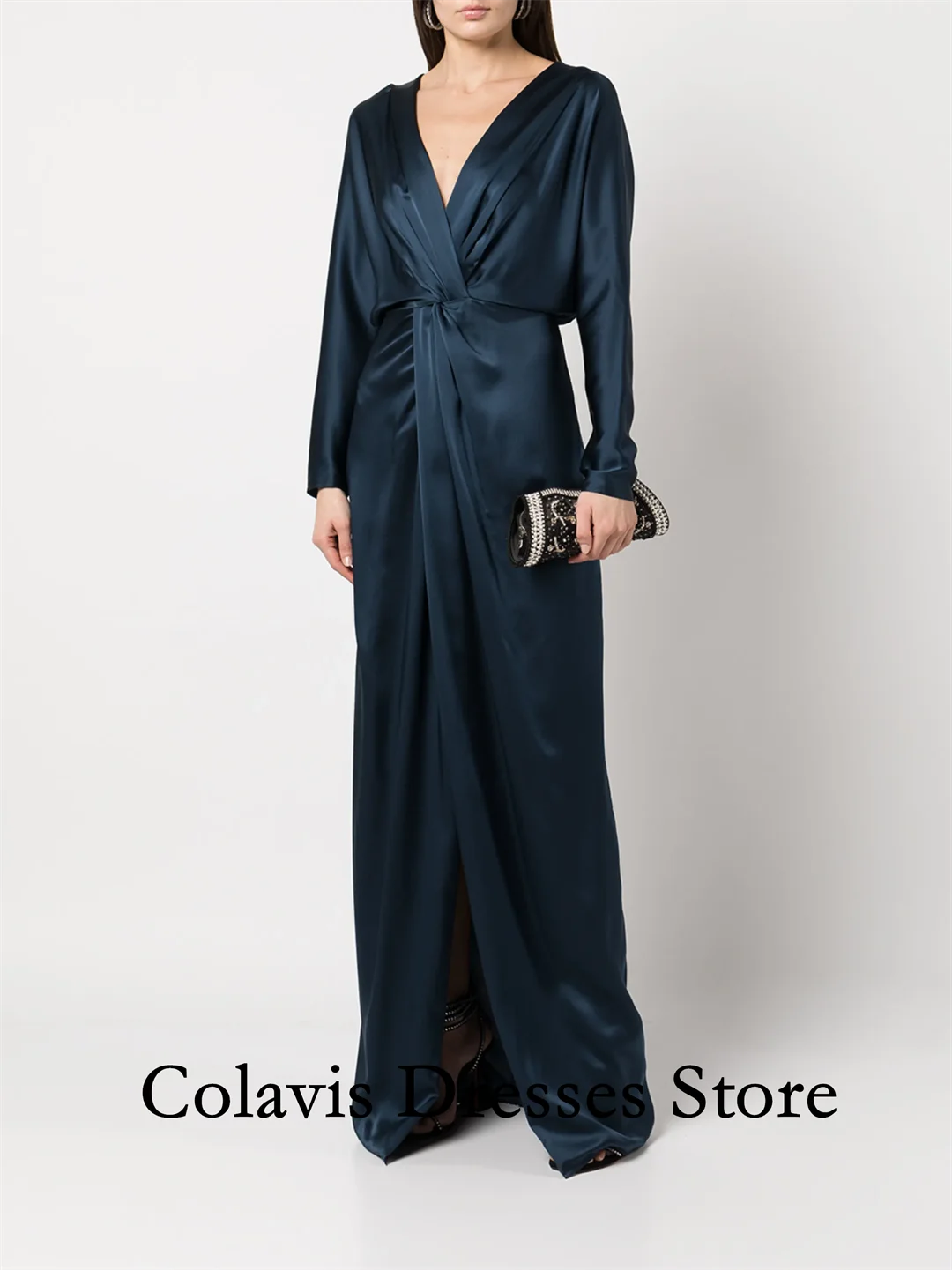 

2025 Customized Long Sleeves V-Neck Dark Blue Sheath Simple Prom Dresses Evening Dress Women Evening Gowns Formal Party Dress