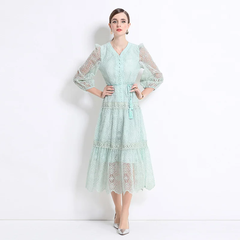 

Elegant Hollow out Lace Dress Korean Style High Sensation French Dress
