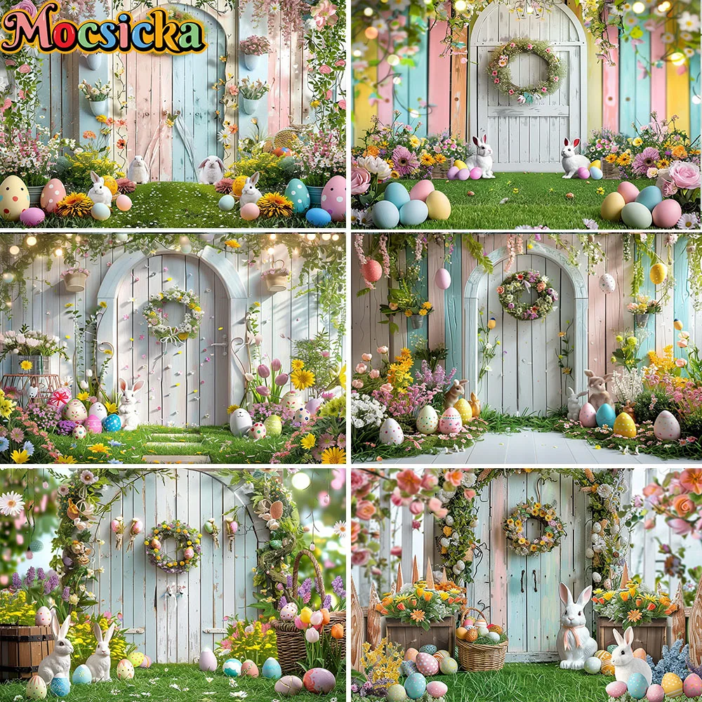 Mocsicka عيد الفصح حديقة باب خشبي خلفية الربيع التصوير الفوتوغرافي الأرنب زهرة البيض خلفية الاطفال كعكة الطفل سحق فوتوزون استوديو