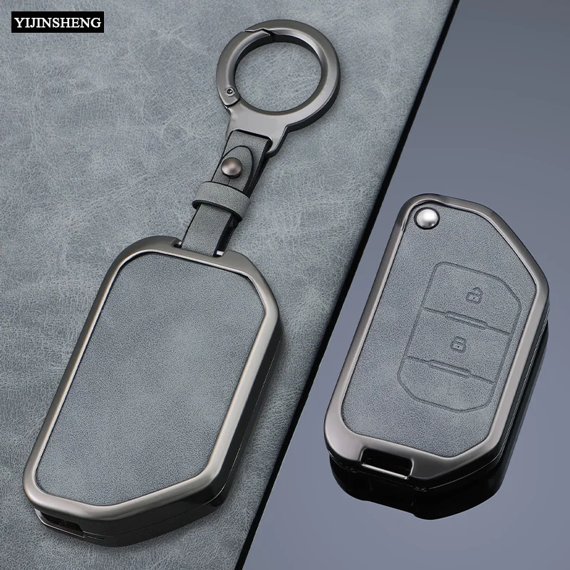 for Jeep Wrangler Gladiator JT JLU Flip Folding Blade Remote Key Fob Zinc Alloy + Leather Protect Cover Case Skin Shell Holder
