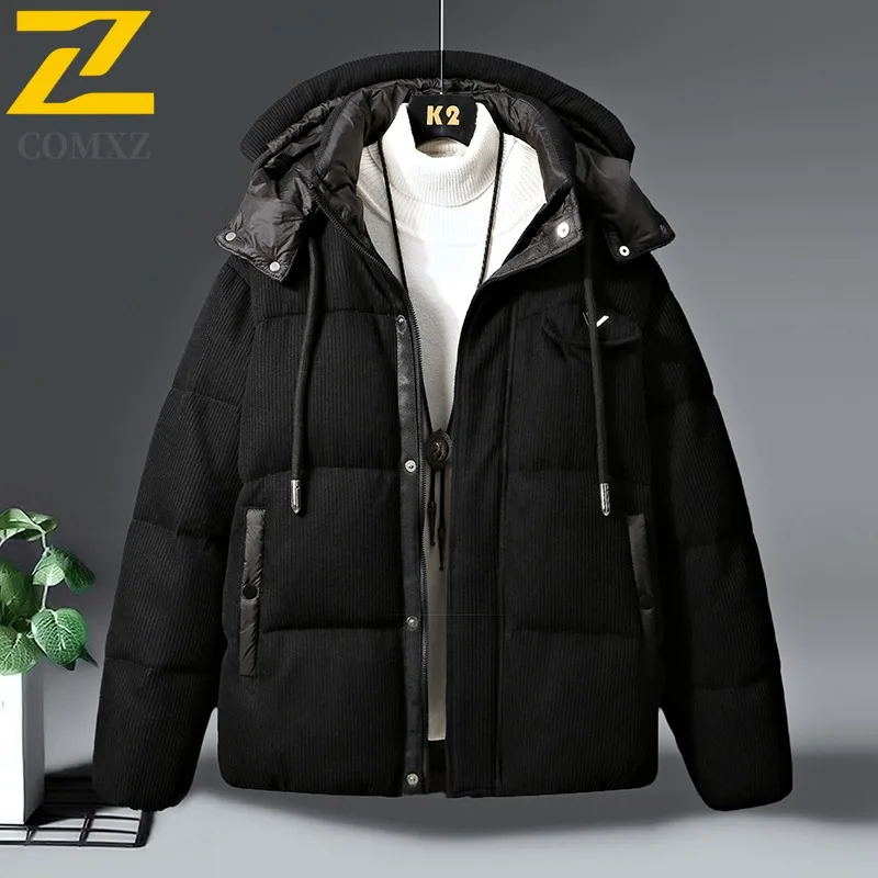COMXZ Men Padded Jacket Solid Color Warm Thick Korean Style Commuting Parker Coat Street Cold-Resistant Windproof Winter Jacket
