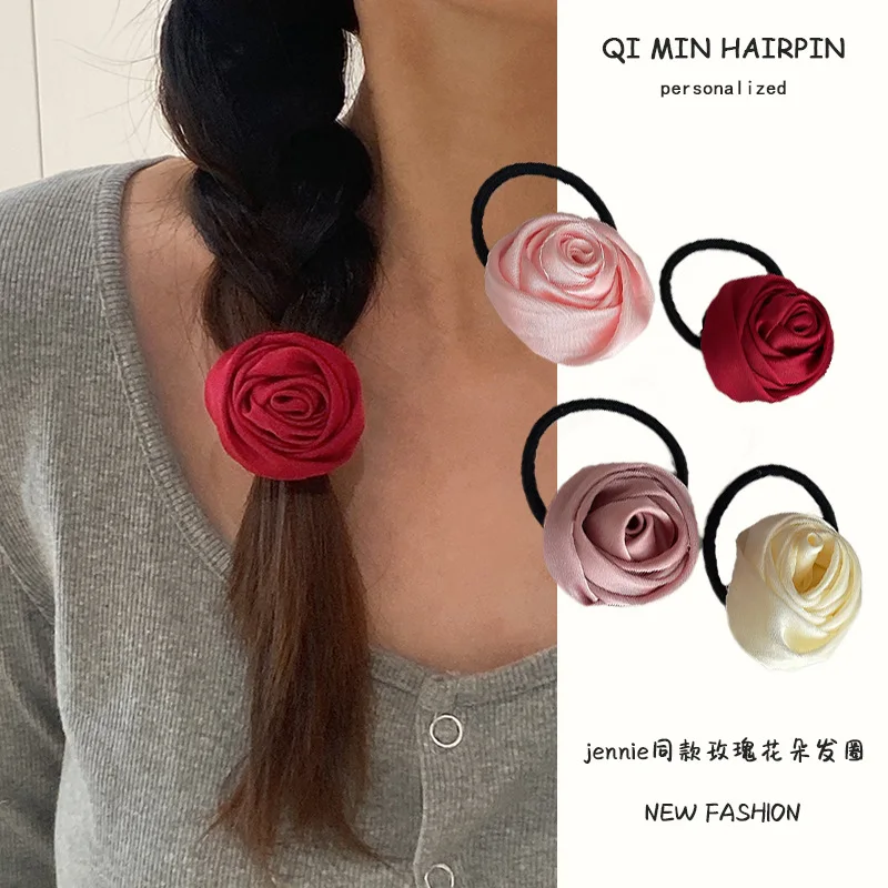 Rose Blume Kopf Seil Französisch Stil Retro Sanfte Blume Darm Haar Ring Künstlerische Satin Glanz Haarband Frau Haar Seil
