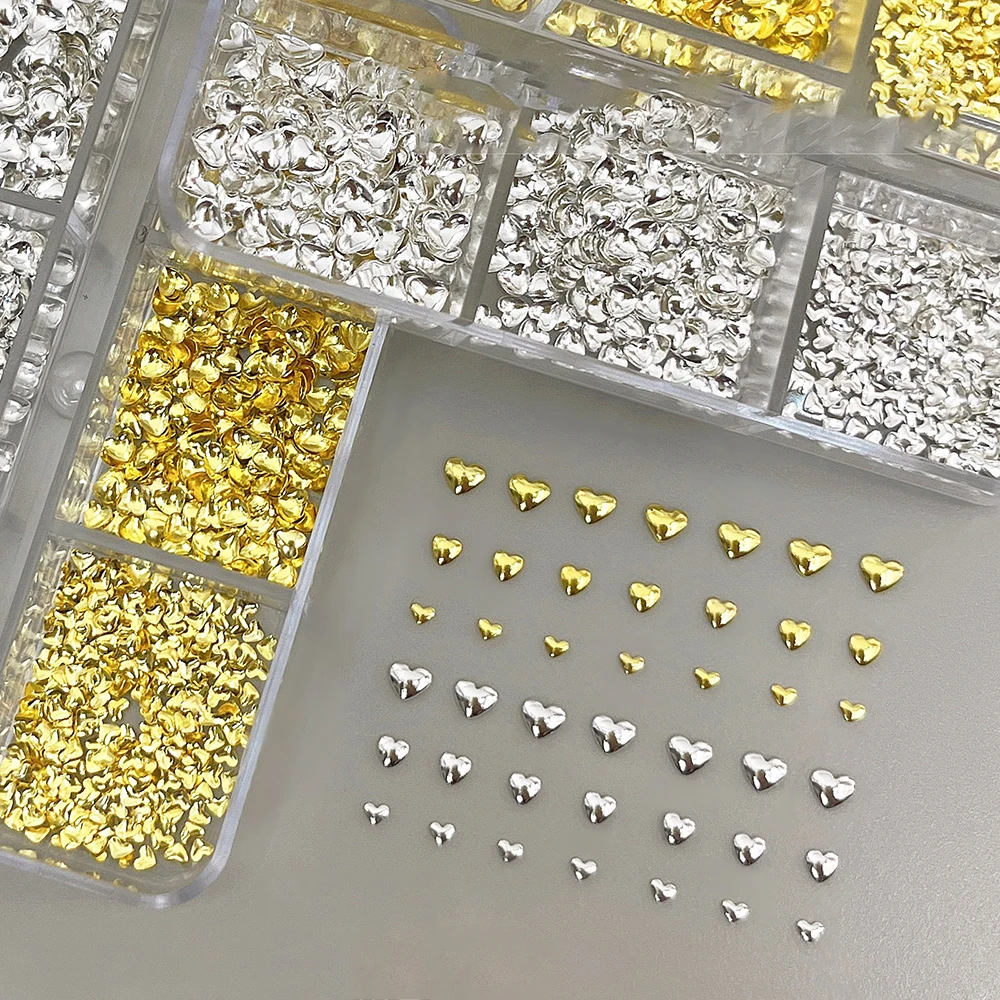 6grids 2/2.5/3mm mixed Gold Silver Love Heart Nail Rivet Charms Kawaii 3D Metal Heart Nail Decorations DIY Nail Art Supplies FE3