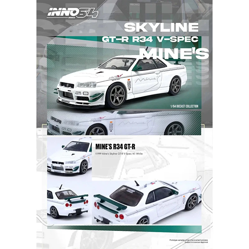 INNO In Stock 1:64 Skyline GTR R34 Mine`s V Spec II Silver Diecast Diorama Car Model Collection Miniature Toys