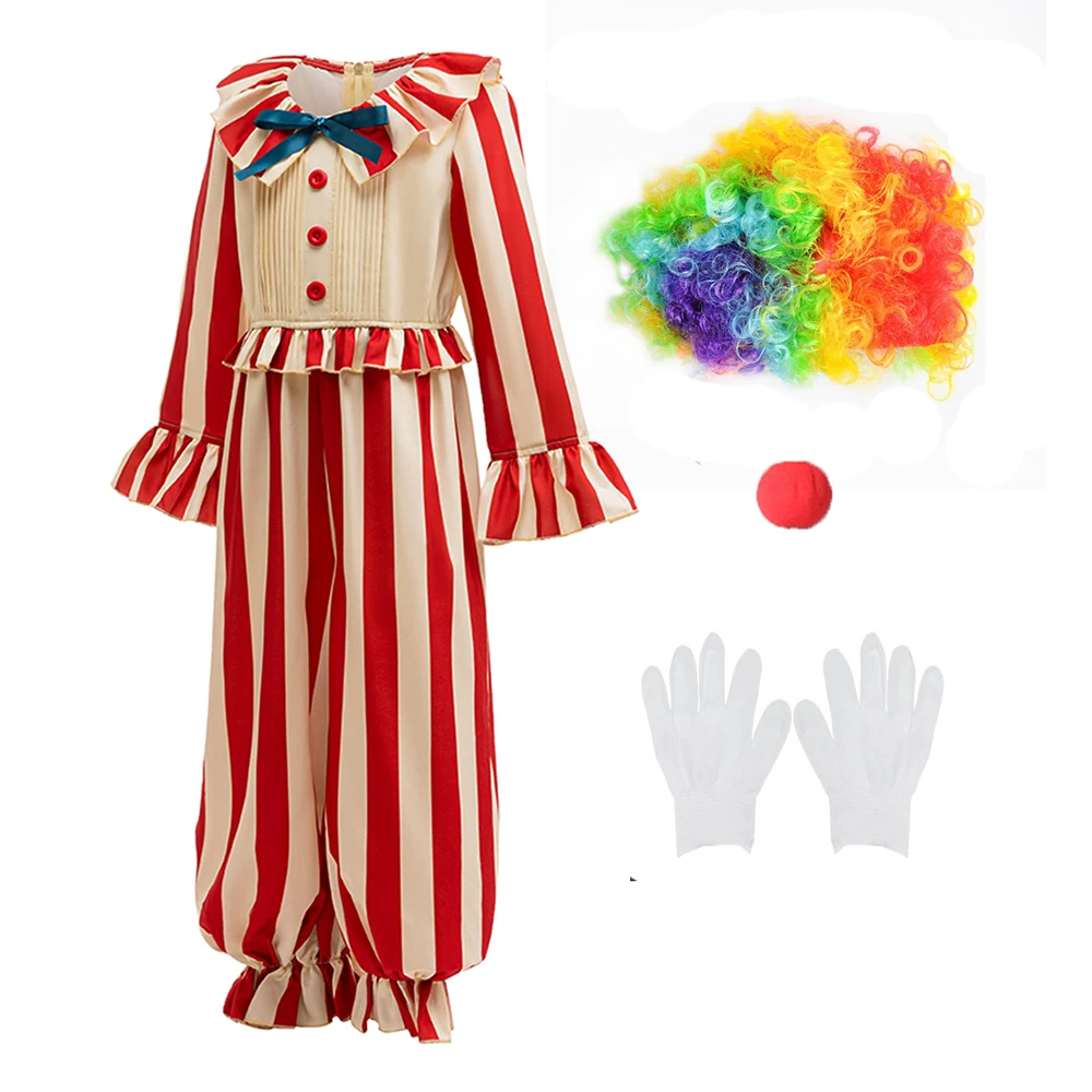 carnival Jumpsuit and wig gloves Sets Boys Girls Circus Clown Fancy Costume Striped Jumpsuit For Kids Birthday Stage Performance