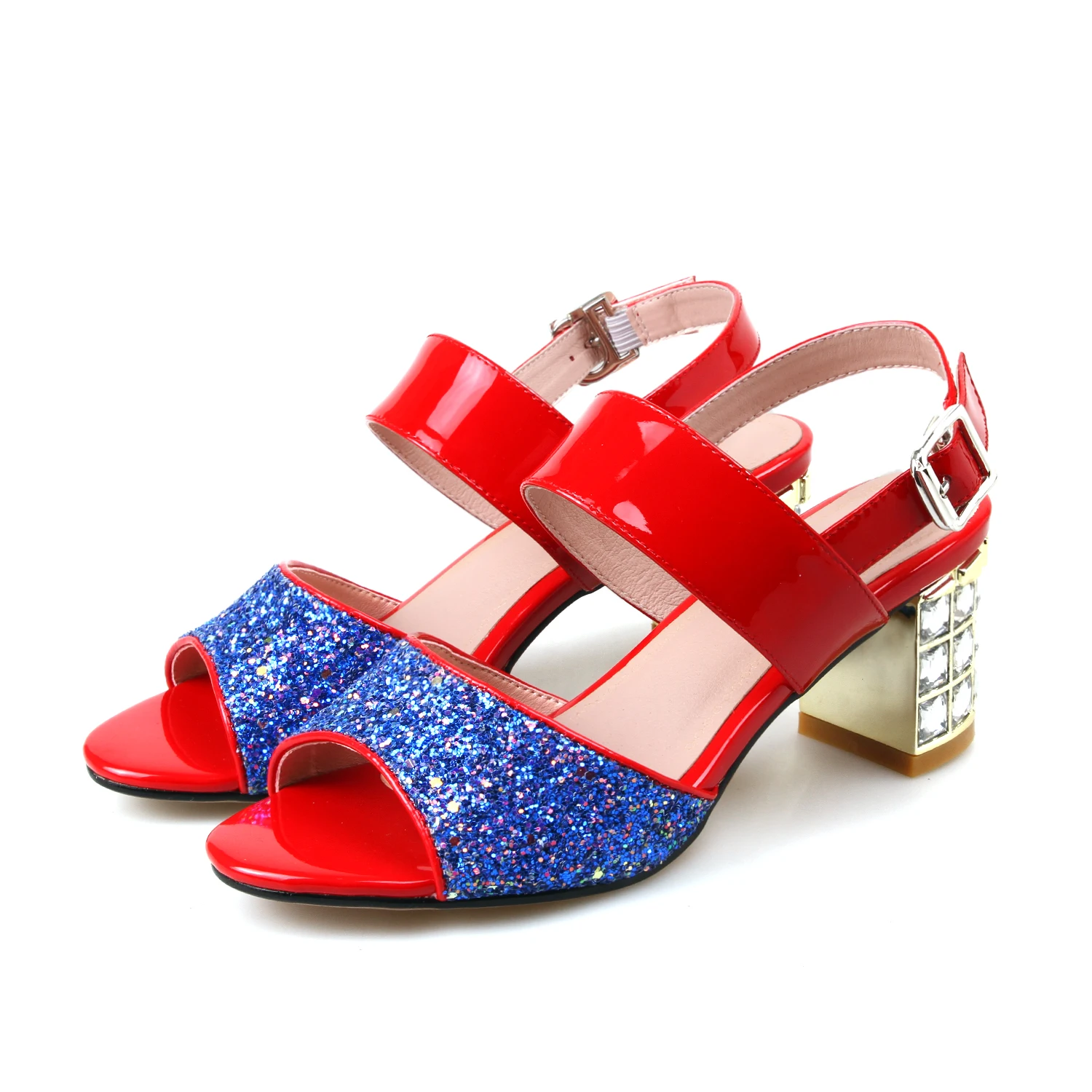 

New Fashion Red&Blue Contrast Cowhide Thick Heel Women's Sandals CK Women's Shoes with Diamond Flash For Wedding Date Party
