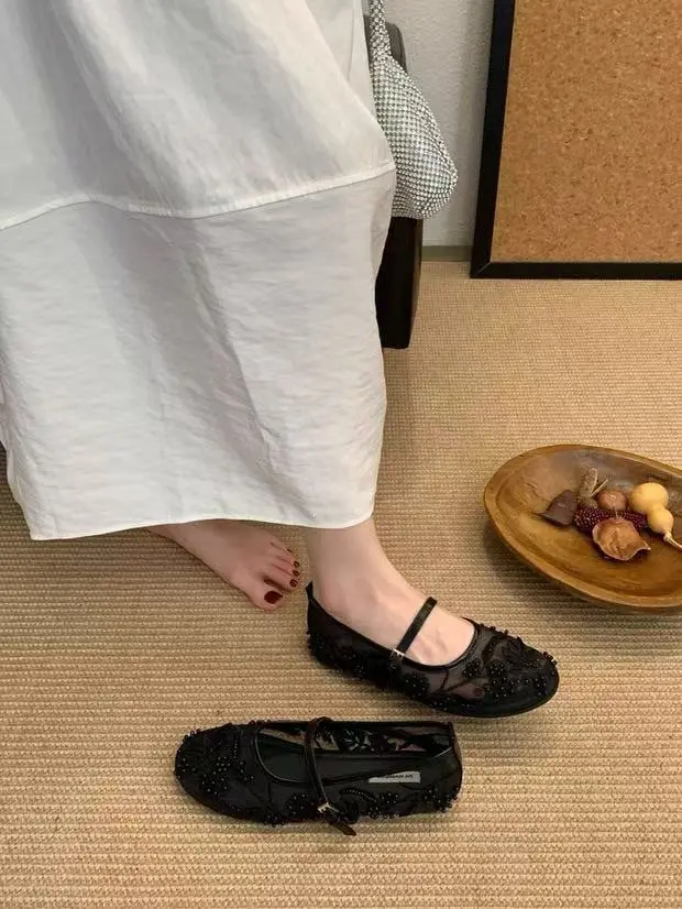 Mesh Embroidery String Bead Design Women Ballet Flats Fashion Buckle Breathable Mary Jane Shoe Comfort Low Heel Soft Flat Sandal