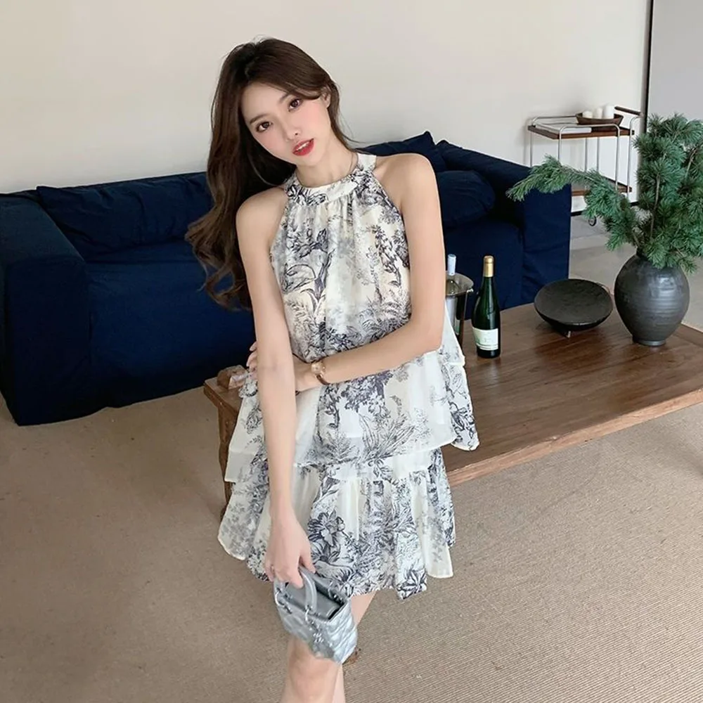 Chinese Ink Wash Draw Hot Girl Short Skirts 2 Piece Set Floral Sleeveless Vest Shirt+High Waist Ruffle Mini Skirt Female Clothes