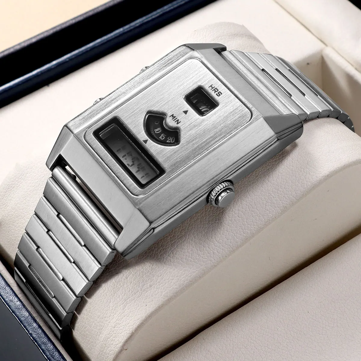 ساعة يد كوارتز إلكترونية مزدوجة الحركة للرجال ثلاثية العرض بإضاءة خلفية ومنبه للجنسين مع حزام من الفولاذ المقاوم للصدأ #2