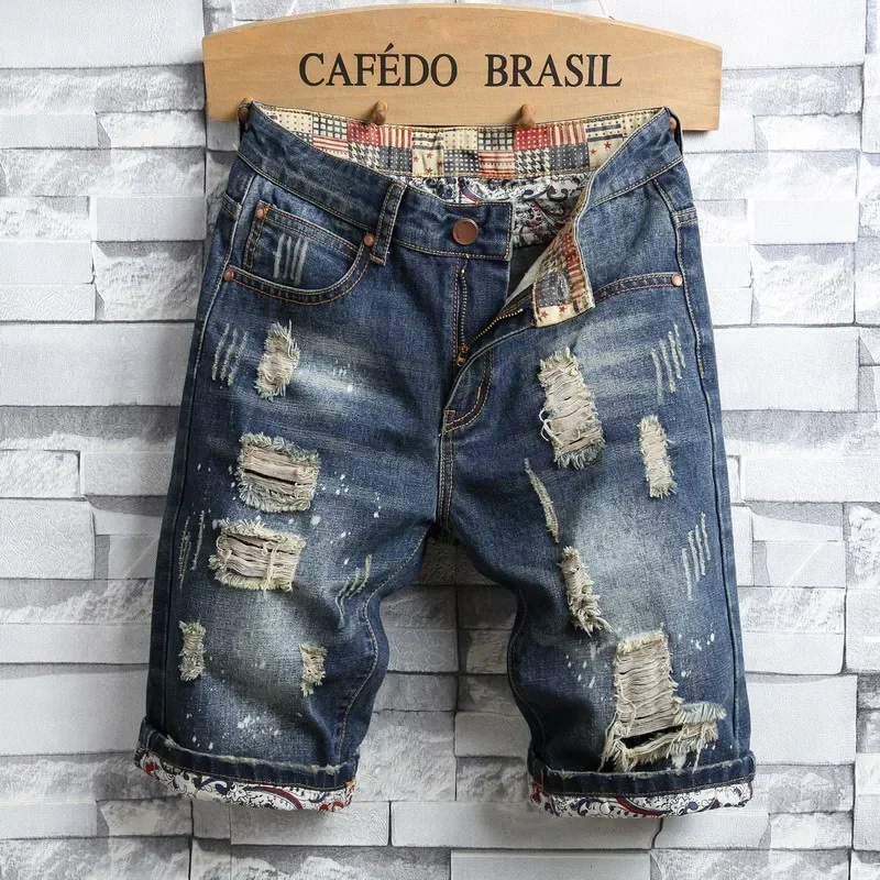 Summer New Fashion Men's Casual Denim Short Trousers Knee Length Hole Slim Printed Jeans Shorts Plus Size Male Men's Streetwear