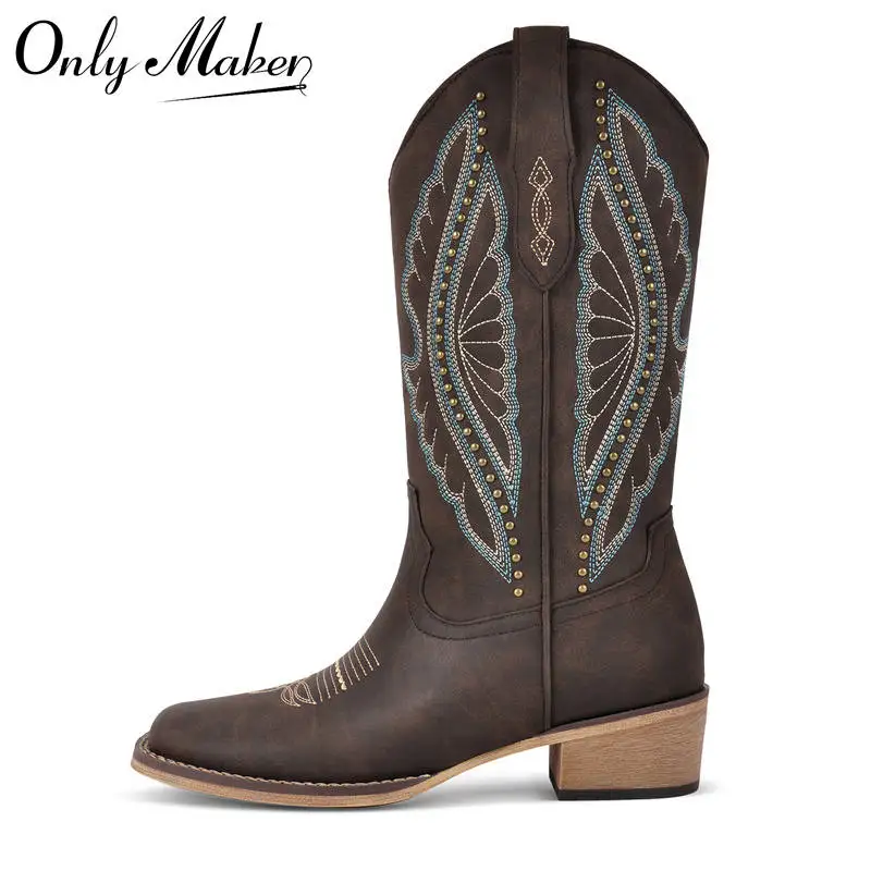 

Onlymaker Women Square Toe Cowboy Boots Wide Calf Cowgirl Boots Embroidered Western Work Boots