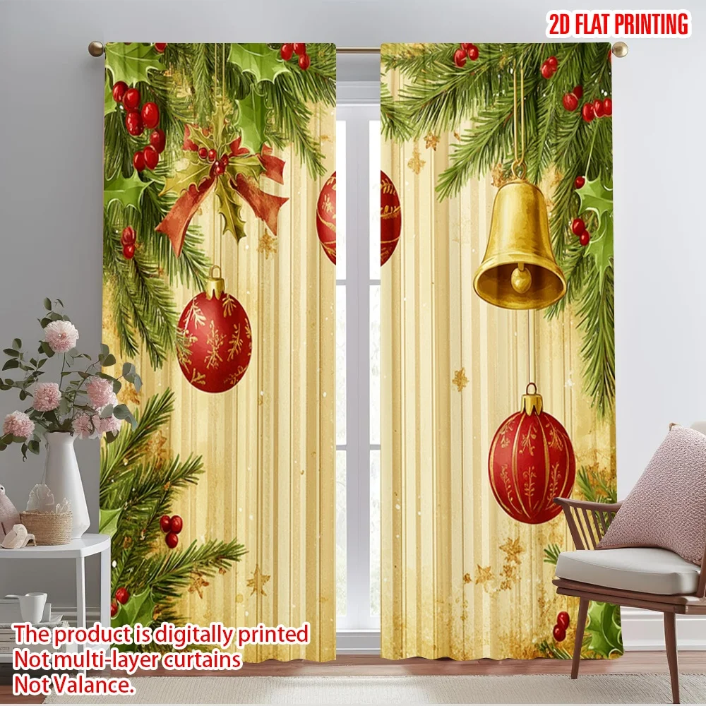 

2pcs,2D plane printing Curtains Digital Printed Christmas Baubles Ornaments Bells (3) Versatile Fabric (without rod) All Seasons