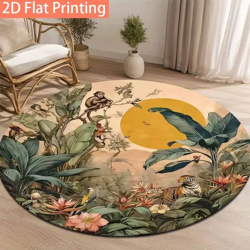 Round Jungle Animal Rug Vintage Tropical  Plant Tiger Monkey Print Home  Nature Style Room Interior Decorative Beautification