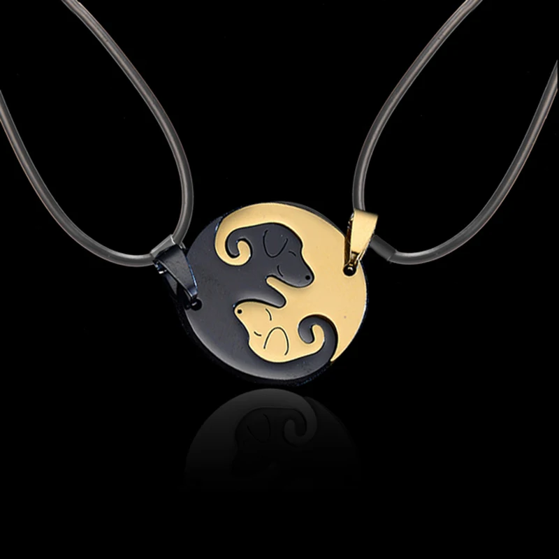 2pcs Personality Yin Yang Dog Couple Necklace Women Pair Pendant Matching Collar Stainless Steel Chain Stitching Jewelry