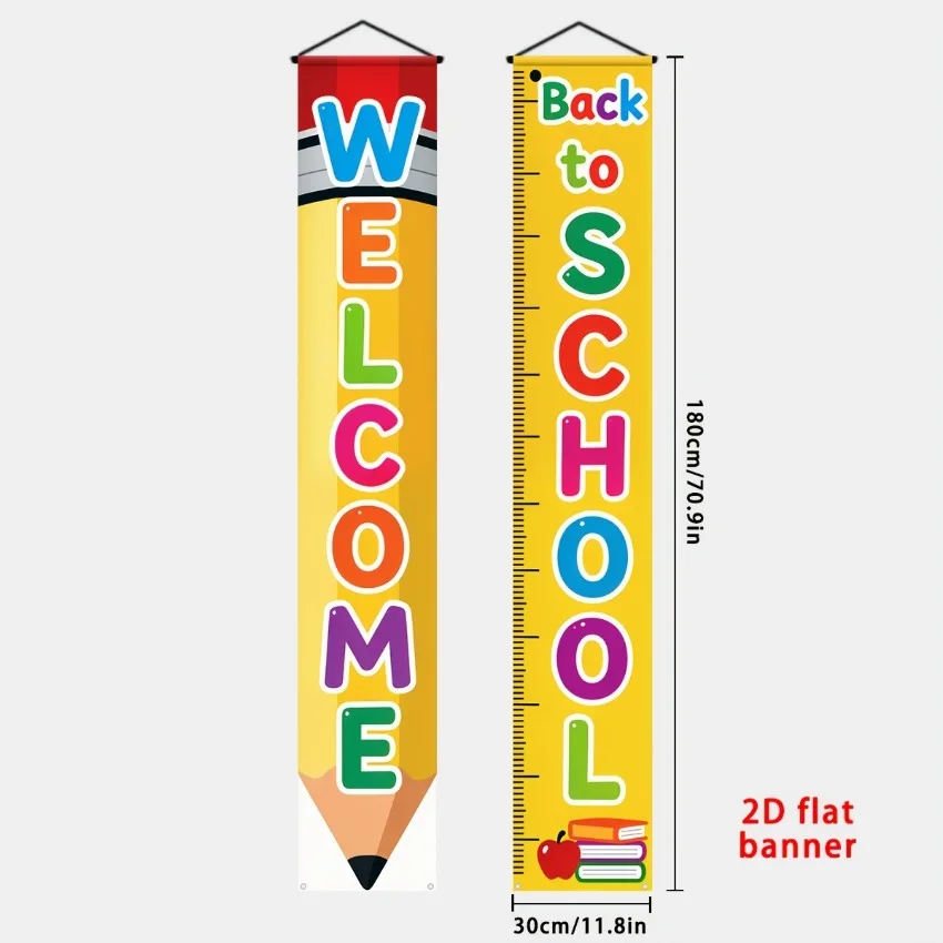 Back to School Banner 2pcs Set Pencil Ruler Design Classroom Decoration First Day School Party Door Yard Hanging Decor