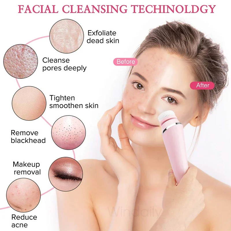 4 in 1 Electric Facial Cleansing Brush Rechargeable Waterproof Spin Sonic Exfoliator Face Scrubber Cleanser Skin Care Machine