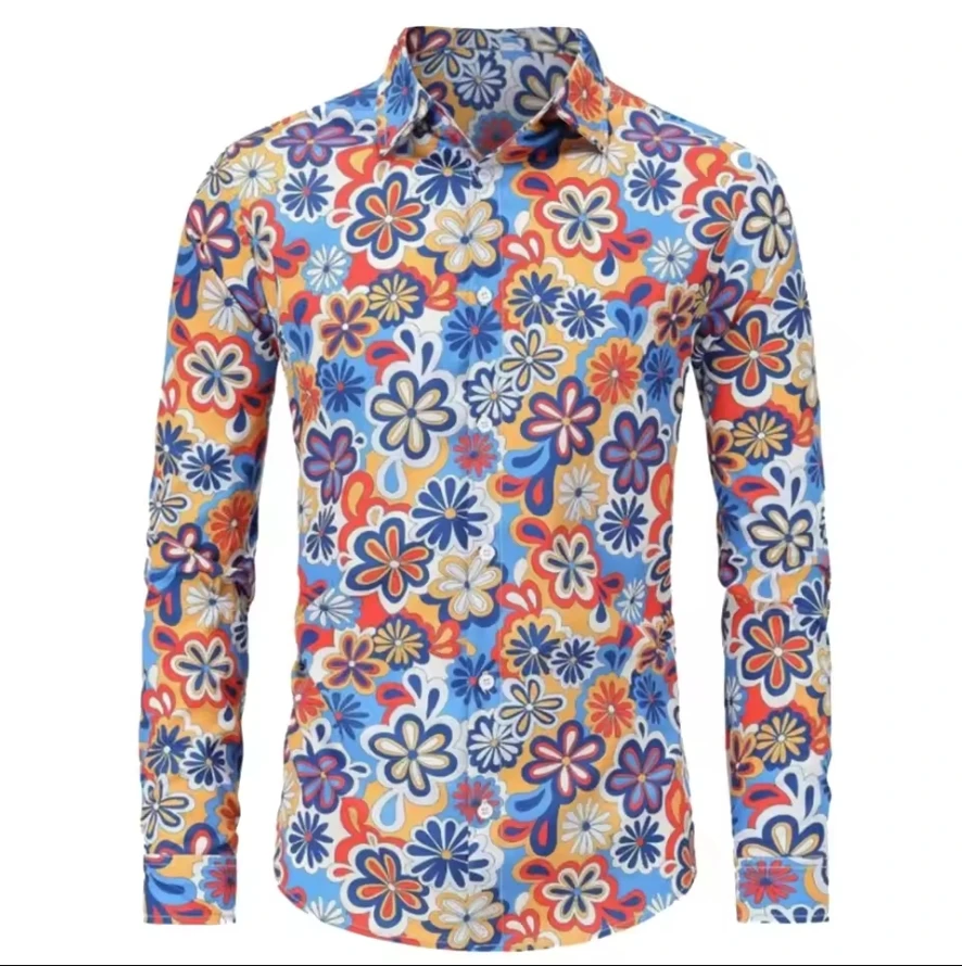 2025 hommes 70s Disco Hip Hop bouton fleur rétro chemise à manches longues nouvelle chemise