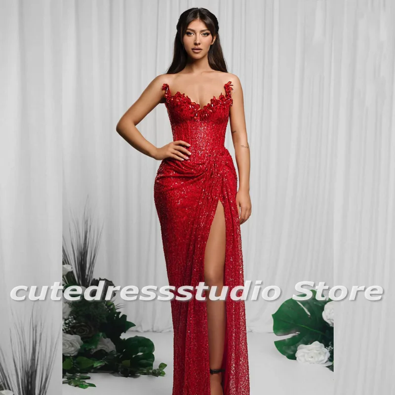Sexy High Split Evening Dresses Sweetheart Crystal Mermaid Prom Gowns Sequin Beading Wedding Party Dress