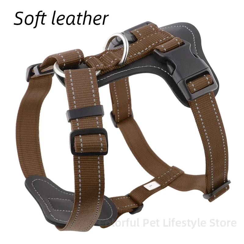 

Genuine Leather Durable Dog Harness No Pull Reflective Dog Harness Vest Double Buckle for Easy Wearing Pet Harness Strong