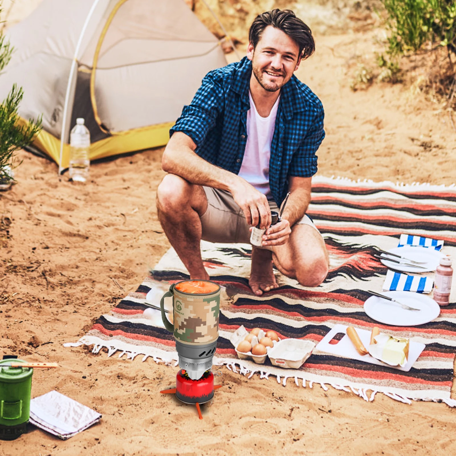 Estufa de mochilero de 1.4L, equipo de cocina de propano para acampar, sistema de quemador de campamento portátil con trípode, soporte para olla