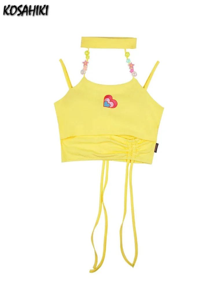 Streetwear Love Halter Top 2024 Summer String Beads Fashion Harajuku Tank  Cropped Feminino Y2k Sleeveless Backless Crop s