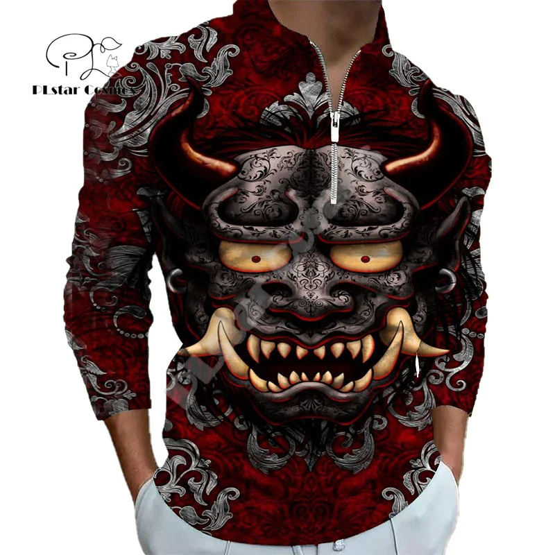 Halloween Draak Schedel Wolf Tijger Tattoo Kleurrijke Retro 3Dprint Winter Herfst Harajuku Casual Rits Poloshirts Lange Mouwen A1