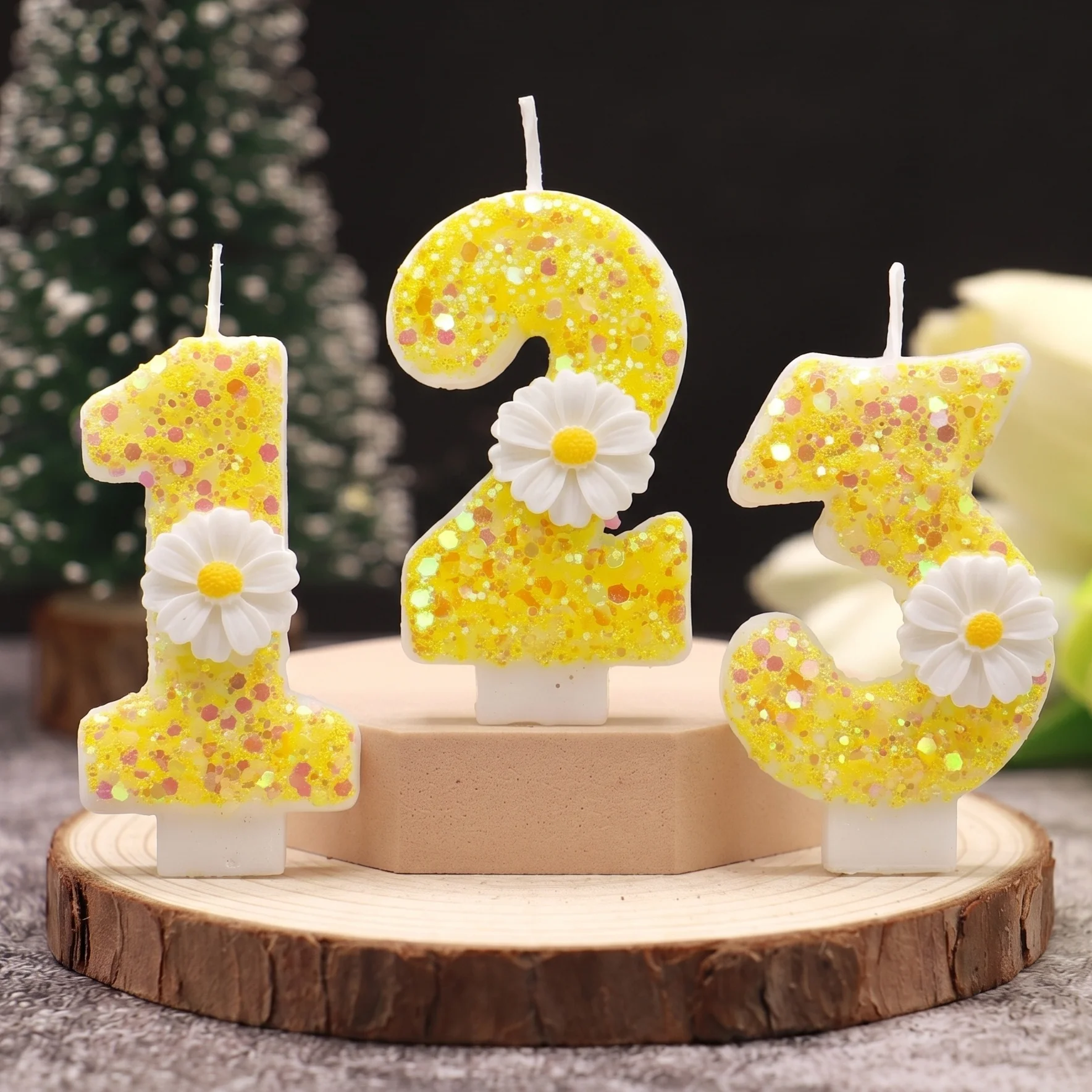 Mixed Color Bright Yellow Gold Flower Number Digital Birthday Candle, Cake Decoration for Birthday Parties Anniversaries Wedding