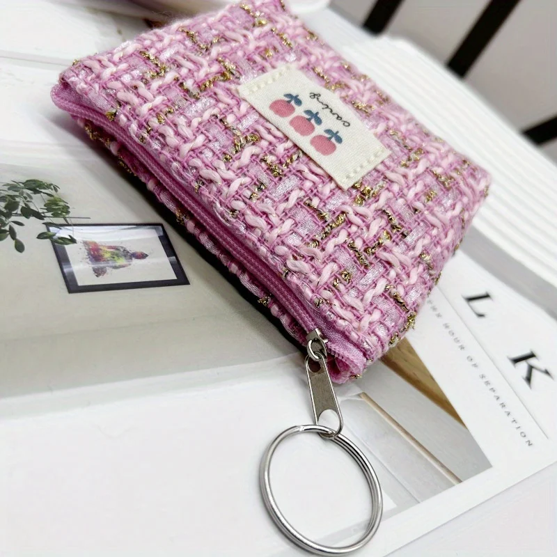 12pcs Tulip Print Tweed Mini Zipper Pouch Small Coin Purse with Keyring Compact Lightweight for Storing Earphones Lipstick Coins