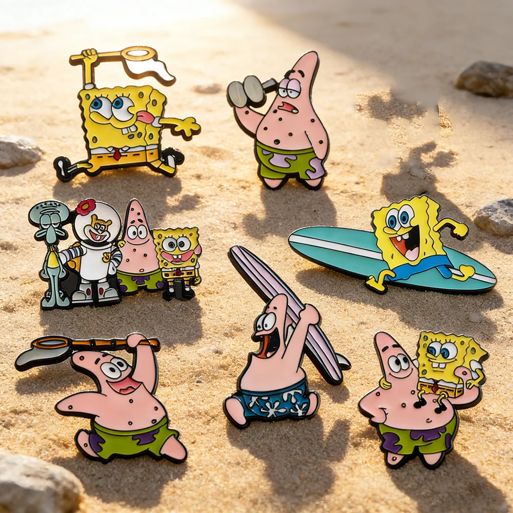 

7pcs SpongeBob SquarePants Enamel Lapel Pins Set Cute Children's Gift Jewelry Adorn for Backpack Brooches Collectible Badges