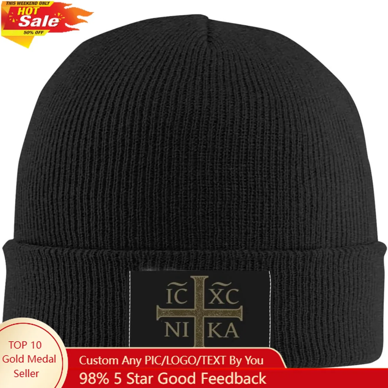 

Christogram Crucifix Orthodox Eastern Christian Black Winter Beanie Warm Thick Knitted Hat Soft Skull Hat