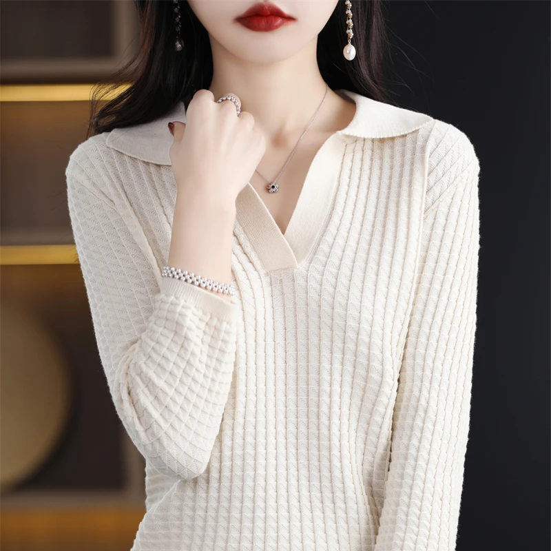 Spring and summer new cotton POLO collar three-quarter sleeve Western-style shirt lapel vertical strip slim knitted sweater wome