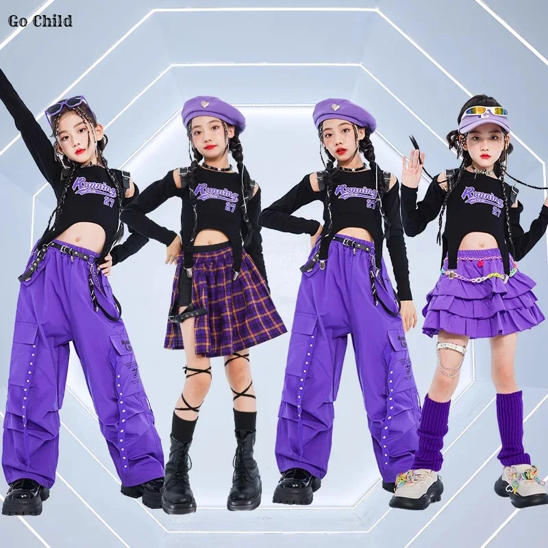 

Hip Hop Girls K-pop Fashion Crop Top Street Dance Cargo Pants Plaid Skirts Kids Streetwear Children Jazz Girl Group Clothes Sets