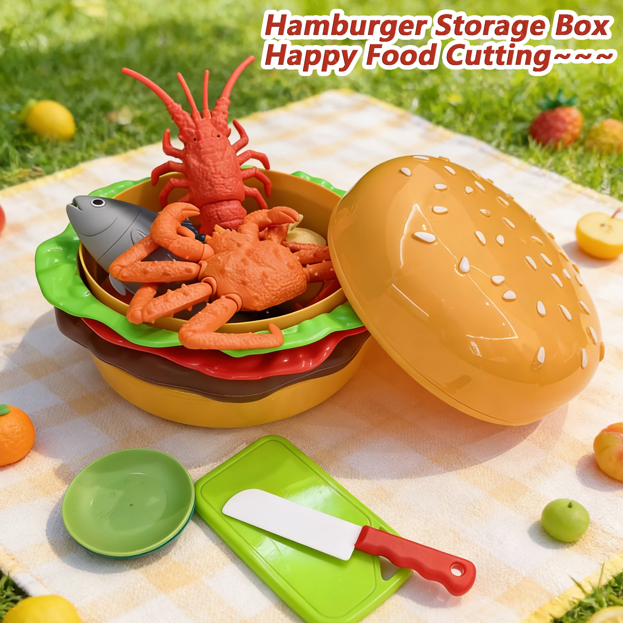 

Детский кухонный игровой набор: имитация нарезки фруктов, большой гамбургер, коробка для хранения, съемные аксессуары большой емкости, для детей на Хэллоуин