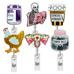 Acrylic Glitter Skeleton Uterus Medicine Bottle Retractable Badge Reel Rotatable Crocodile Clip ID Badge Holder for Doctor Nurse