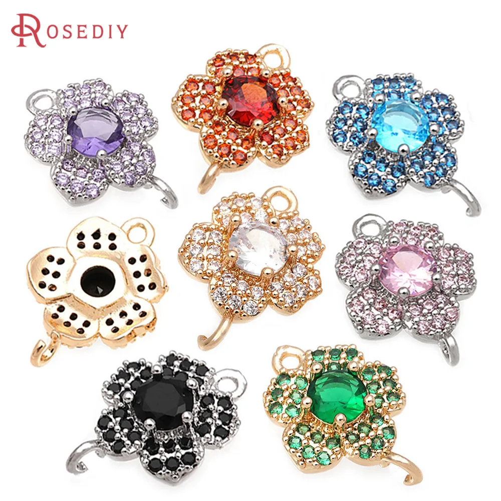 

6PCS 18K Gold Color Brass Zircon 2 Holes Flower Connect Charms Pendants Necklace Earrings High Quality Jewelry Diy Accessories